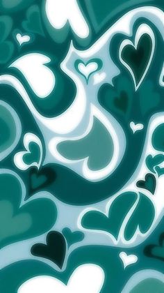 an abstract painting with hearts in green and white