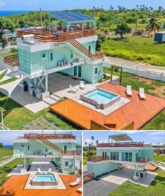 an aerial view of a house with solar panels on the roof and pool in the yard