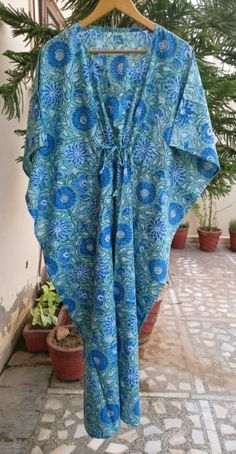 "These Kaftan we make from pure cotton Cambric Handblock print fabric. Handblock print gives it very unique look Size= Length 52\" Free size in chest . ." Summer Blue Cotton Kaftan, Blue Summer Kimono For Home, Short Sleeve Cotton Kimono For The Beach, Blue Cotton Kaftan For Loungewear, Long Blue Cotton Kaftan, Summer Blue Kimono For Home, Blue Cotton Kaftan For Vacation, Summer Blue Kaftan With Block Print, Bohemian Blue Sleepwear For Vacation