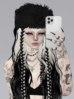 a woman with long hair holding a cell phone