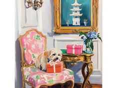 a painting of a dog sitting on a pink chair with a present in front of it