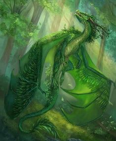 a green dragon sitting on top of a lush green forest