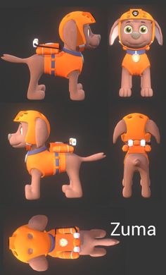 an animated dog with various poses and expressions on it's body, head, and chest