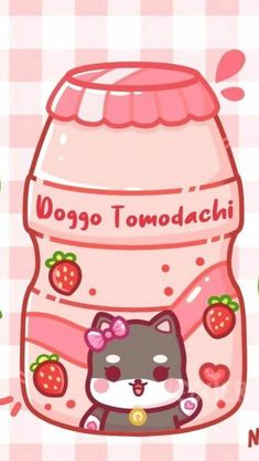 a cartoon cat sitting in front of a jar with strawberries on it