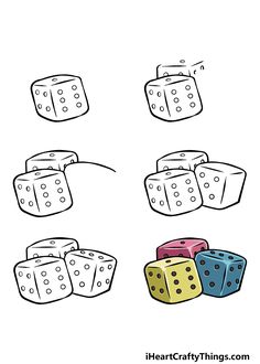 four dices with different colors and numbers on them, all in the same row