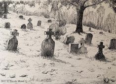 a black and white drawing of a graveyard