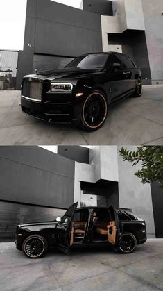 the black rolls royce is parked in front of a building