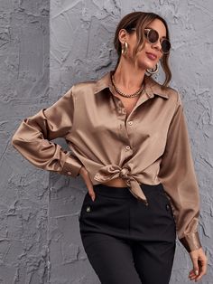 Satin Shirts, Stylish Tunic, Lapel Top, Satin Bluse, Office Shirt, Basic Blouses, Gold Shirt, Fashion Office, Satin Blouses