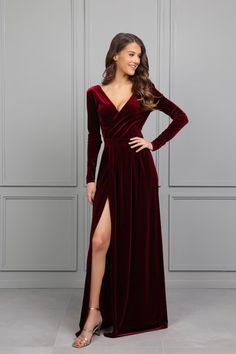 Burgundy Velvet Dress Low V Back Surplice Neck Leg Split - Etsy Bosnia and Herzegovina Outfit Boda, Burgundy Velvet Dress, Long Sleeve Bridesmaid Dress, Fall Bridesmaid Dresses, January Wedding, Velvet Bridesmaid Dresses, Kebaya Dress, Burgundy Bridesmaid, Velvet Maxi Dress