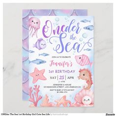 an ocean themed birthday party with pink and purple under the sea theme on it's card