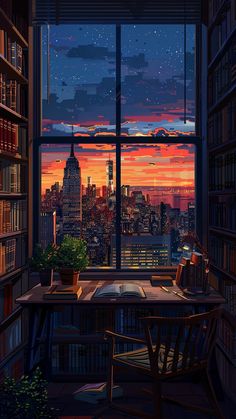 a room with a desk, bookshelf and window overlooking the city at night