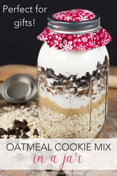 cookie mix in a jar with chocolate chips on the side and text overlay reading cookie mix in a jar stayhome com au