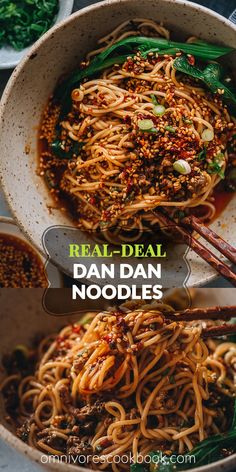 two bowls filled with noodles and vegetables on top of each other, the title reads real - deal dan dan noodles