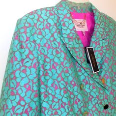 Spectacular New $228 Jacket! Turquoise Lace With Hot Pink Lining Peeking Through. Fitted, Double-Breasted Style. Gleaming Gold Tone Buttons (Extras Included). 3-Button Sleeves. Faux Pockets. Back Vent. Fully Lined. Cotton Blend. Ladies 10. New With $228 Tags From Juicy Couture 60% Cotton, 40% Polyamide. Hand- Or Machine-Washable Measures 35 Inches Around The Waist And 43 Around The Bottom. Jacket Is 22.5 Inches Long. Sleeves Are 26 Inches Long. Shoulders Are 16 Inches Across Back Designer Fitted Blazer For Spring, Designer Silk Blazer For Spring, Designer Fitted Pink Outerwear, Spring Silk Fitted Blazer, Fitted Silk Blazer For Spring, Couture Blazer, Turquoise Lace, Juicy Couture Jacket, Couture Jackets