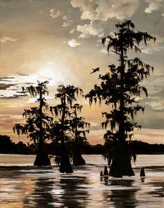 a painting of some trees in the water