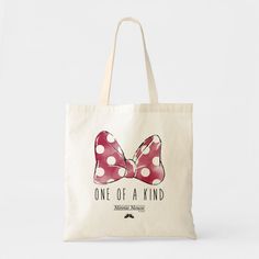 Disney Fast Fashion | One Of A Kind. A cute watercolor of Minnie's sweet polka dot bow and text that announces she is once of a kind. Minnie Mouse Gifts, Disney Tote Bags, Disney Tote, Macbook Air Sleeve, Minnie Bow, Vacation Accessories, Minnie Mouse Bow, Minnie Mouse Ears, Bag Shop