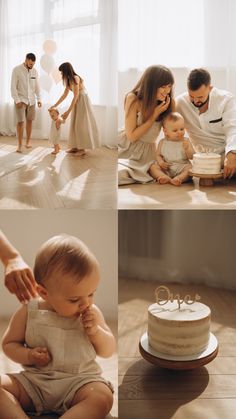 a baby is sitting on the floor while his parents are holding him and feeding him cake