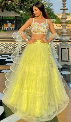 Photo Poses In Lehenga At Home, Outfit For Haldi Function, Lehenga Poses, Frill Dupatta, Yellow Lehenga Choli, Indowestern Lehenga, Lengha Blouse, Lehenga For Girls