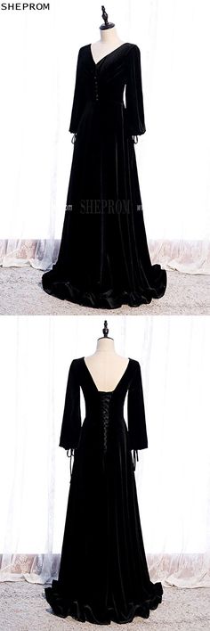 Formal Long Black Velvet Evening Dress Vneck with Long Sleeves Ref.MX16088 at SheProm. SheProm.com is an online store with thousands of dresses, range from Formal,Evening,Black,Long Black Dresses,Long Dresses,Vintage Dresses,Velvet Dresses and so on. Not only selling #FormalDresses more and more trendy dress styles will be updated daily to our store. All instock with stable shipping. Shop now to get 10% off! Black Dresses Long, Long Dresses Vintage, Trendy Dress Styles, Velvet Evening Dress, Dresses Velvet, Black Evening Dress, Gorgeous Prom Dresses, Velvet Dresses, Prom Dress Inspiration