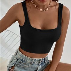 Black Ribbed Shein Tank Top! Cute Basic. Good Quality. Never Worn, Brand New Condition. Cheaper Shipping ($3.45) On Curtsy @Alexaparada Top Roxo, Trendy Tank Tops, Purple Crop Top, Strap Crop Top, Top Shein, Cropped Tops, Sleeveless Crop Top, Crop Top Blouse, Knit Crop Top