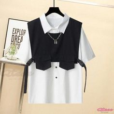 Qteee - Stylish Gothic Buckle Pocket Vest with Lapel T-Shirt, paired with Fashionable Chain Cargo Shorts Pants Casual Short Sleeve Fake Two-piece Top, Casual Short Sleeve Top With Fake Two-piece Design, Pocket Vest, Shorts Pants, T Shirt Vest, White T Shirt, Autumn Summer, White Tshirt, Short Pants