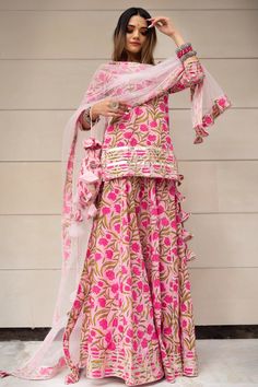 Pink Block Print, Pink Colour Dress, Pink Skirt Set, Velvet Suit Design, Sharara Set, Net Dupatta, Hand Block Print