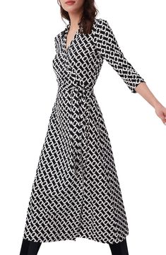 An eye-catching print enlivens this perfectly wrapped midi crafted from rich silk. True wrap style with side tie closure Surplice V-neck Three-quarter sleeves 100% silk Dry clean Imported Formal Printed V-neck Dress, Elegant Printed Maxi Dress For Formal Occasions, Elegant V-neck Printed Wrap Dress, Formal Printed Midi Dress, Elegant Printed Dresses For Work, Elegant Printed Midi Dress For Evening, Fitted Printed Maxi Dress For Work, Formal Silk Printed Dress, Silk Printed Formal Dresses