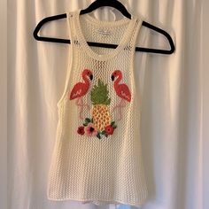 Fun American Eagle Flamingo Crochet Top. Size Small. Perfect For A Tropical Get Away! New With Tags. Summer Beach Tops With Flamingo Print, Summer Beach Top With Flamingo Print, Summer Flamingo Print Beach Top, Flamingo, Crochet Top, American Eagle Outfitters, American Eagle, Color White, Womens Tops