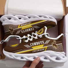 Introducing our Personalized Name Wyoming Cowboys Max Soul Sneakers, the ultimate running sports shoes designed for both men and women. These high-performance sneakers combine style, comfort, and personalization to enhance your athletic experience like never before. When it comes to sports footwear, our Wyoming Cowboys Max Soul Sneakers are in a league of their own. Crafted with meticulous attention to detail, these shoes feature a durable yet lightweight construction, making them perfect for al Sporty White Wear-resistant Running Shoes, Sporty Wear-resistant Running Shoes, White Breathable Custom Sneakers For Sports Season, Custom Breathable White Sneakers For Sports Season, Breathable Custom Sneakers For Sports, Breathable Custom Sneakers With White Sole For Sports, Breathable Custom Sneakers With Round Toe For Sports, Breathable Custom Sneakers For Sports With Round Toe, Breathable Custom Sneakers For Sports Events