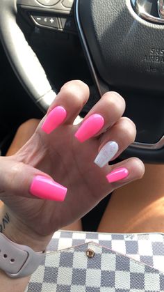 Nail Ideas Long Pink, Nail Ideas Acrylic Pink And White, Pink And White Barbie Nails, Pink And White Nail Ideas Simple, Nails For A Hot Pink Prom Dress, Hot Pink And White Nail Ideas, Hot Pink Nails For Hoco, Hot Pink Nails With White Design, Neon Pink And White Nails