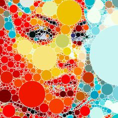 a woman's face made up of circles and dots in red, yellow, blue, orange, and black