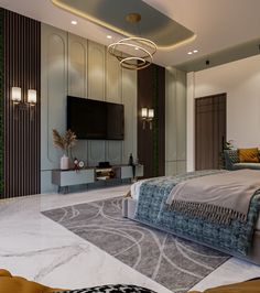 a bedroom with a large bed and a television on the wall in it's center