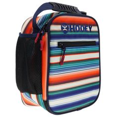 an orange, blue and green striped lunch bag with the word honey on it's side