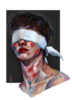 a painting of a woman with blindfolds on her head and eyes covered in bandages