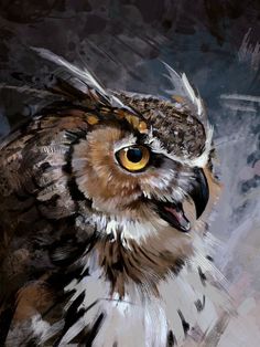 an owl with yellow eyes is shown in this painting