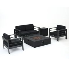 a living room set with black furniture and a fire pit in the center, on a white background