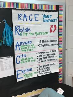 a bulletin board with some writing on it and other things hanging from the wall behind it