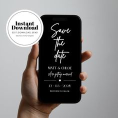 a hand holding an iphone with save the date on it