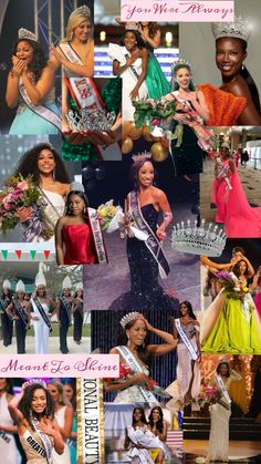 many different pictures of women in dresses and tiaras, including one woman wearing a crown