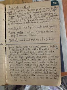 an old recipe book with some writing on the pages and other things to write in it