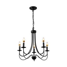 a black chandelier with five lights hanging from it's center and four arms