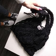 Tassel Decoration, Macrame Bag, String Bag, Handcrafted Earrings, Bag Handmade, Market Bag, Shopper Bag, Black Bag, Exquisite Jewelry