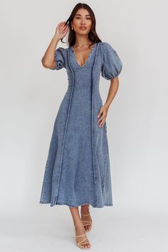 Shop the Morgane Puff Sleeve V-Neck Midi Dress Light Denim Blue | Selfie Leslie Yellow Bridesmaid Dresses, Red Bridesmaids, Denim Midi Dress, Midi Denim, Farmers Markets, V Neck Midi Dress, Lace Bodycon Dress, Iron Material, Date Night Dresses