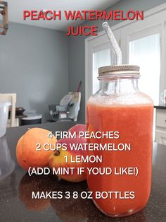 peach watermelon juice in a mason jar with instructions