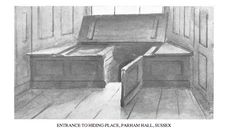 a pencil drawing of an open trunk in a room with wooden floors and paneled walls