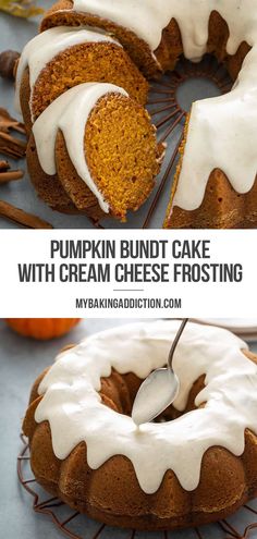 pumpkin bundt cake with cream cheese frosting on a cooling rack and topped with icing