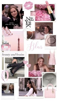 a collage of photos with pink and black accessories