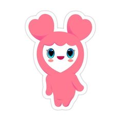 a pink sticker with blue eyes and hearts on it's head, in the shape of a heart