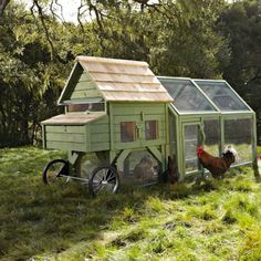 two chickens are standing in the grass near a small green house with a wooden roof