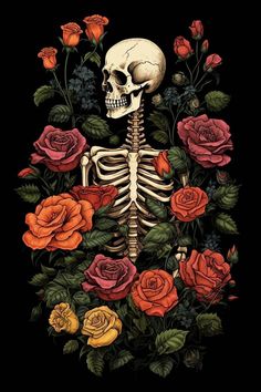 a skeleton surrounded by roses on a black background